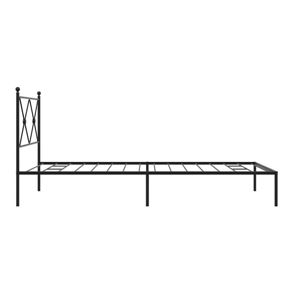 The black metal bed frame without a mattress, side view