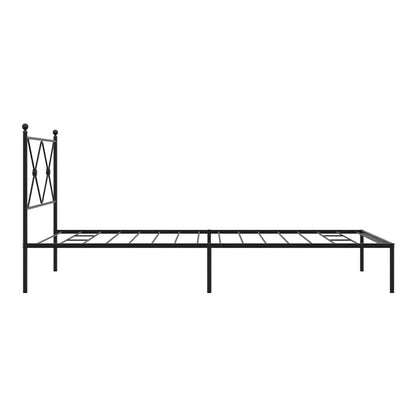 The black metal bed frame without a mattress, side view
