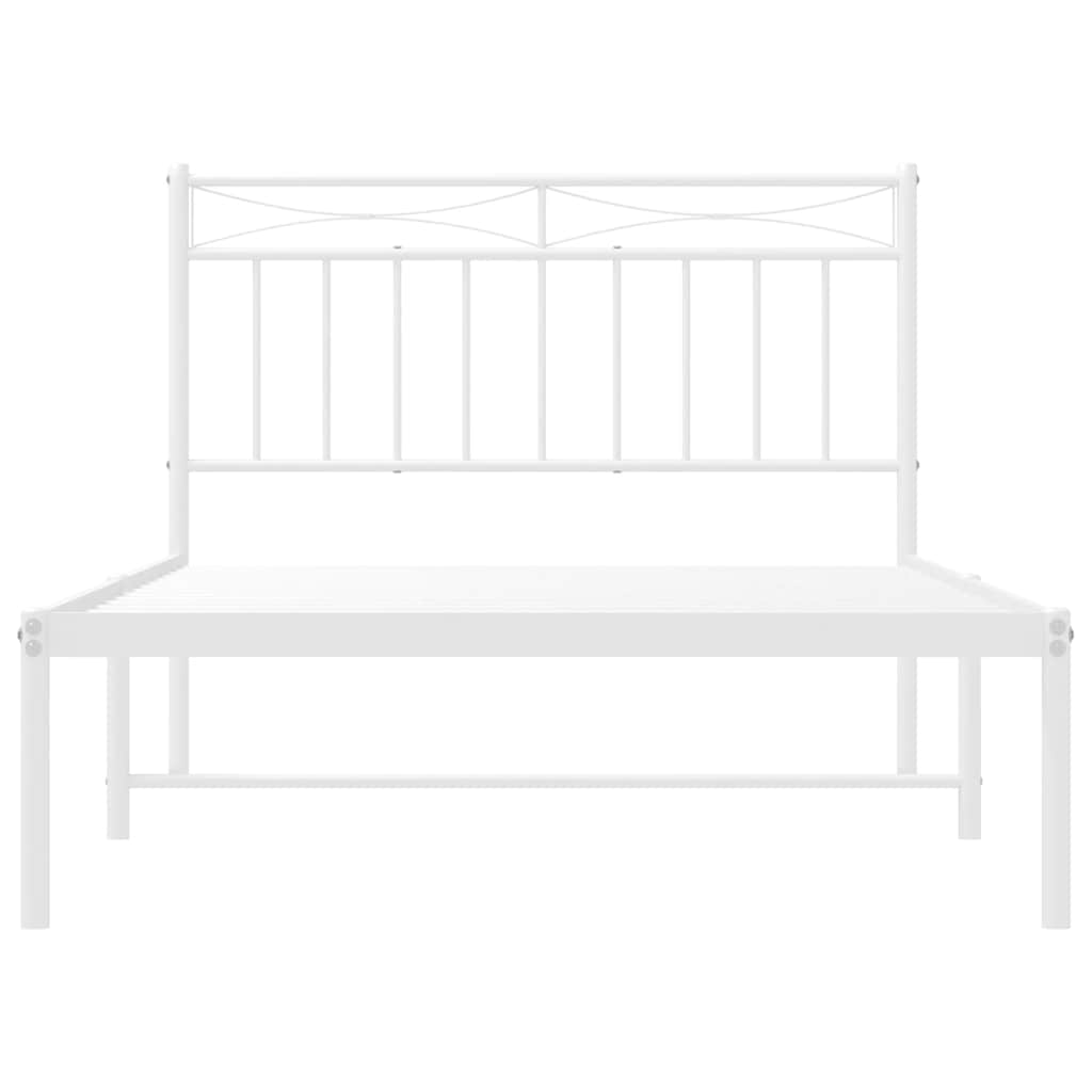 The white metal bed frame shown from the front
