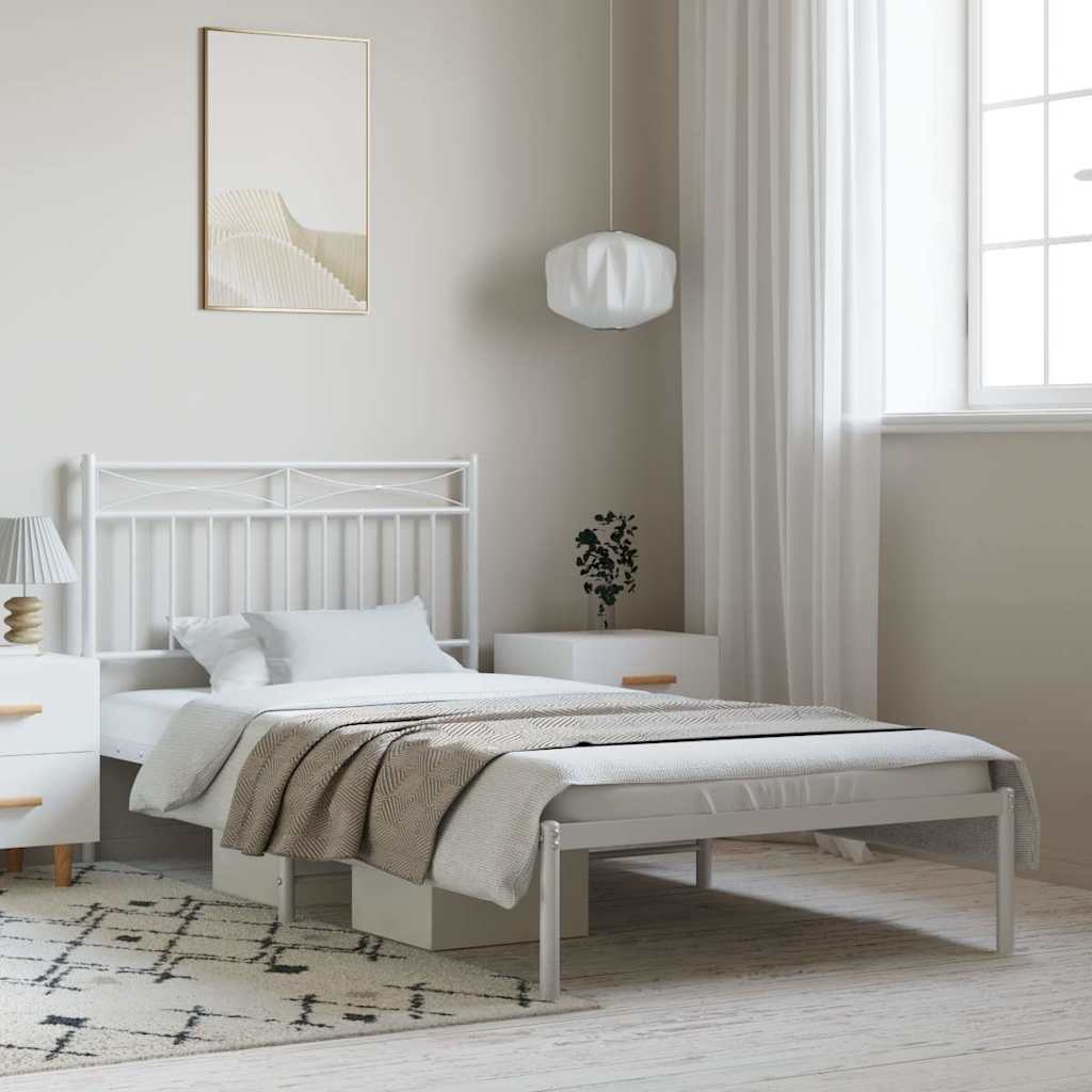 vidaXL Metal Bed Frame without Mattress with Headboard White in a bedroom setting with bedside tables