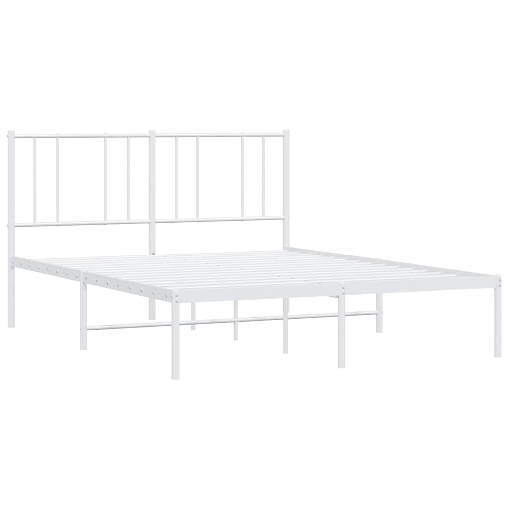 The white metal bed frame shown from the front without a mattress