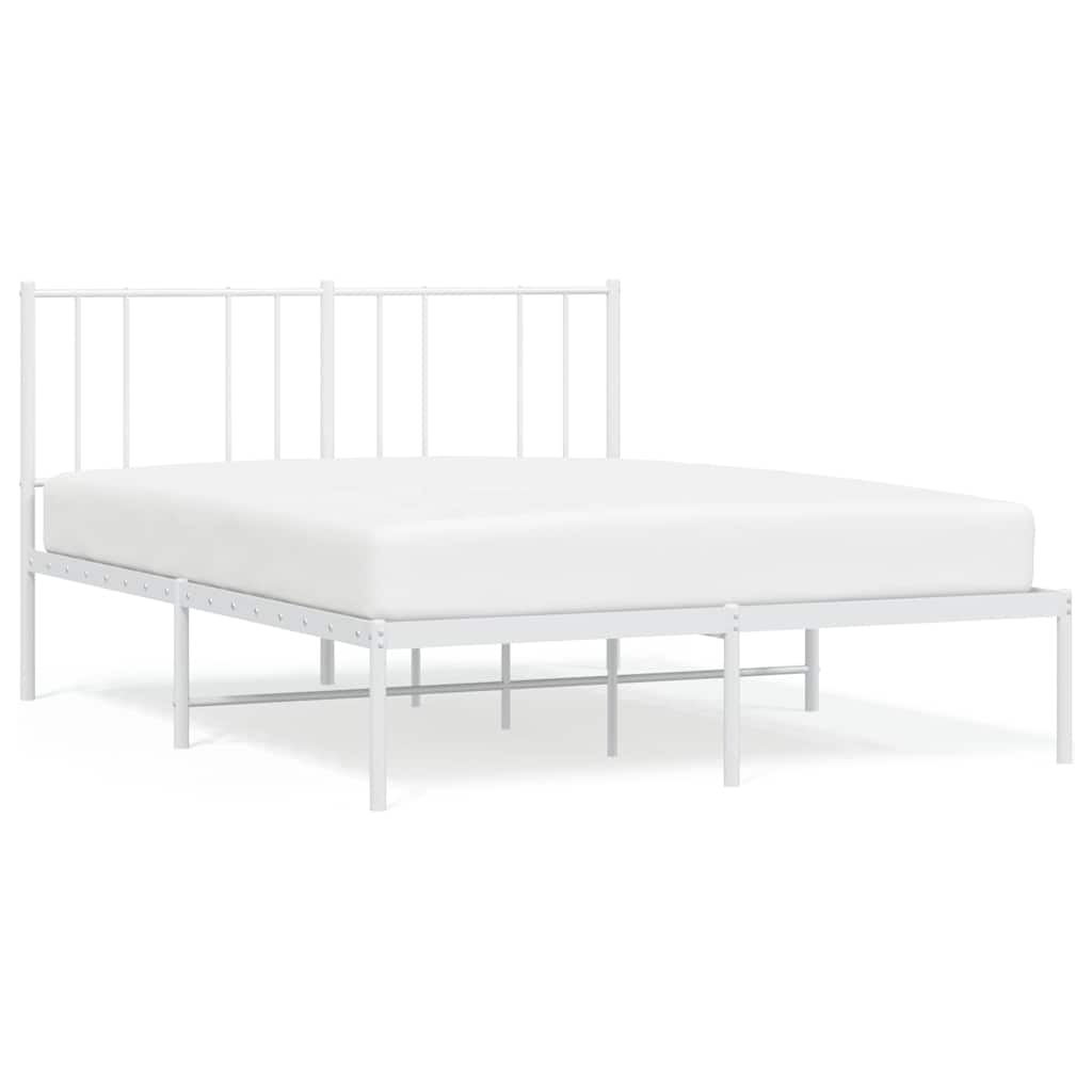 A white metal bed frame with a slatted base and a simple headboard