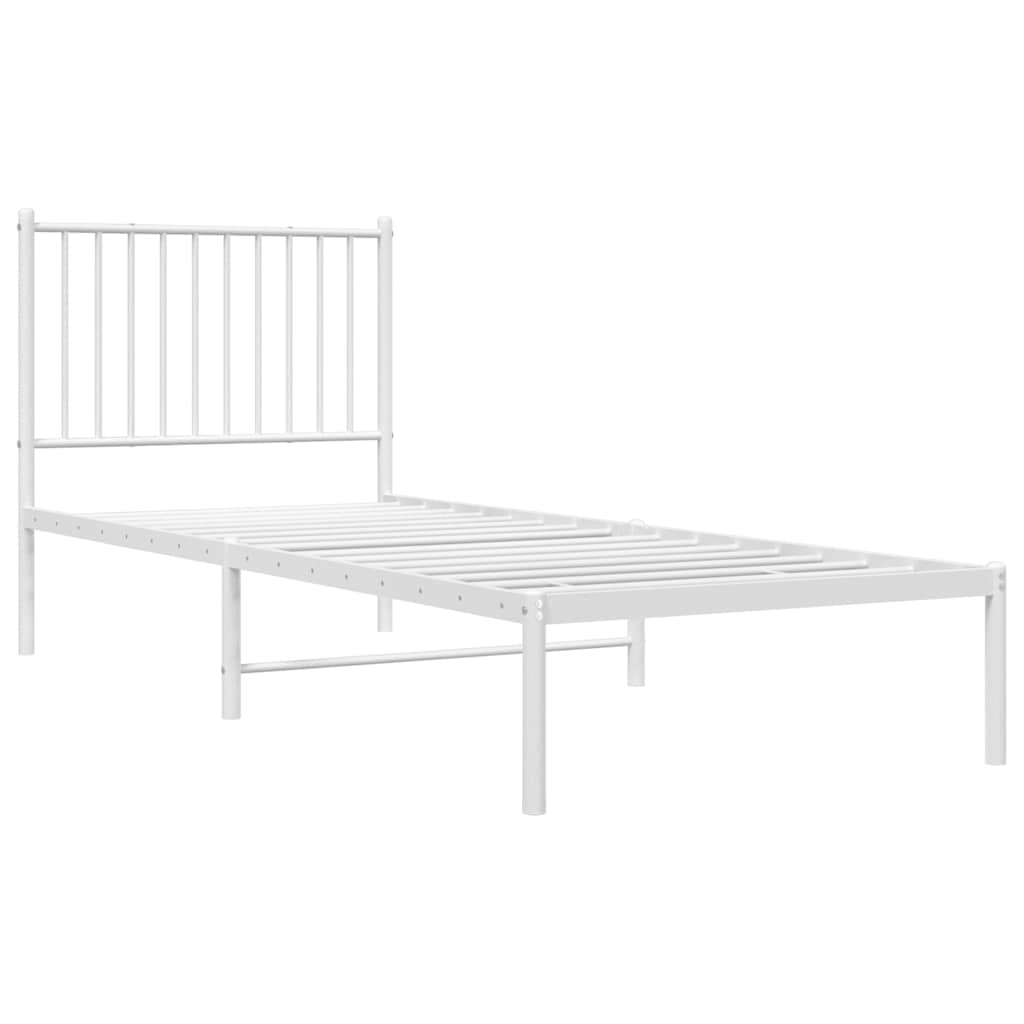 The metal bed frame featuring a slatted base and a vertical bar headboard design