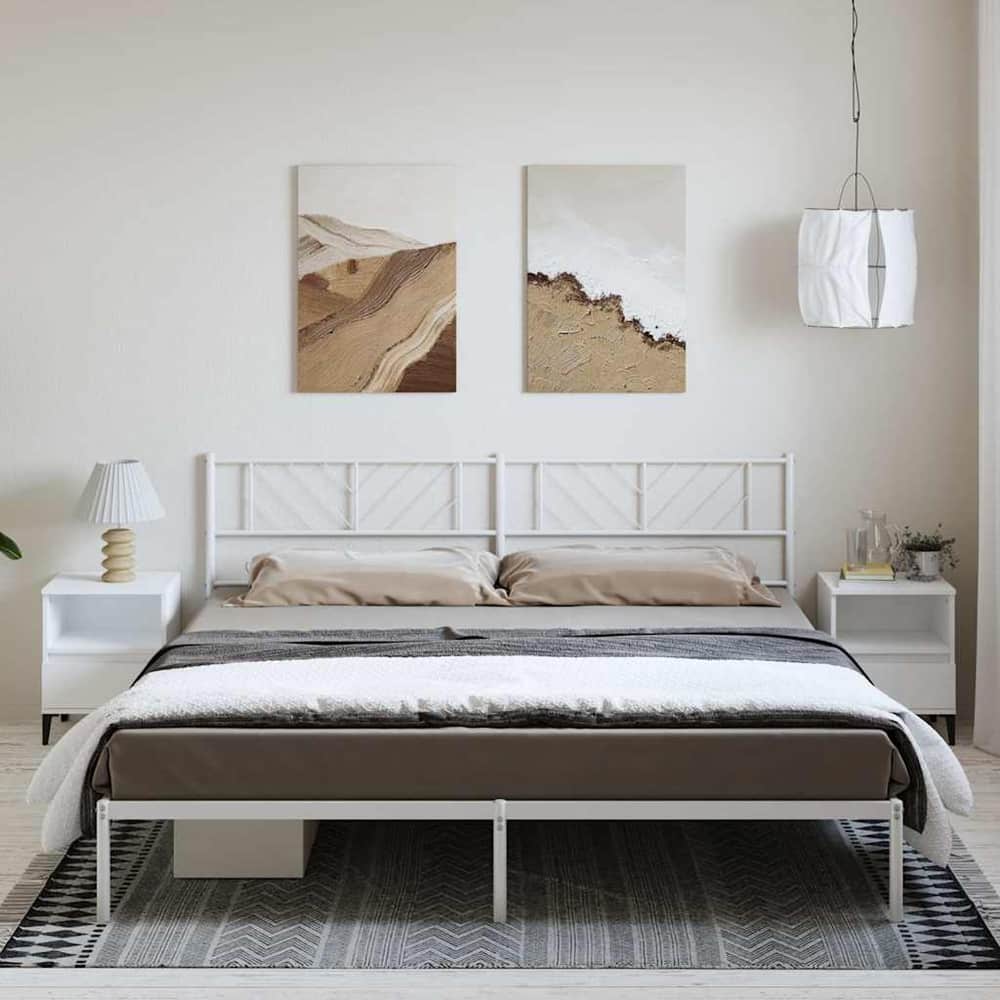 vidaXL Metal Bed Frame without Mattress with Headboard White set up in a bedroom with bedside tables