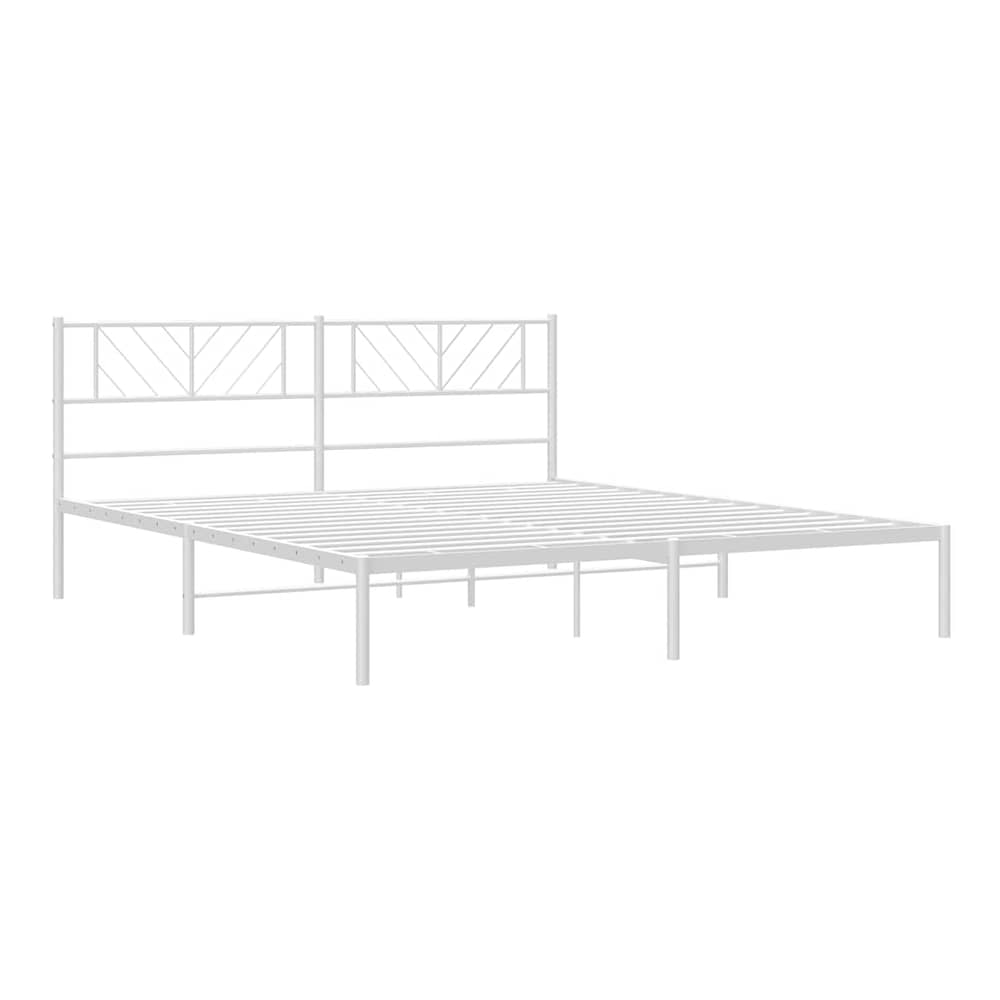 The white metal bed frame without mattress and headboard from the side