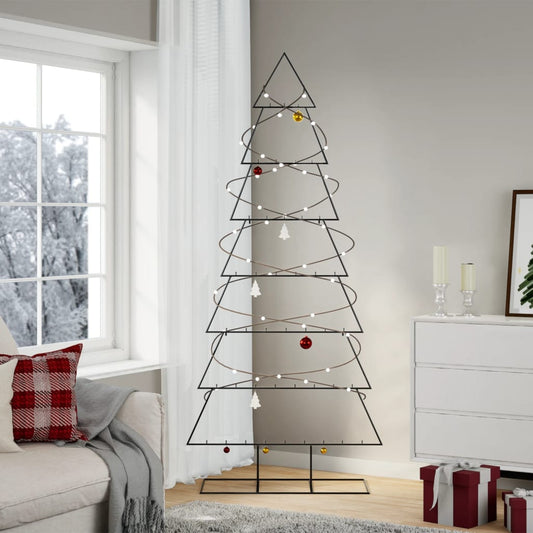 vidaXL Metal Christmas Tree for Decoration Black 210 cm standing in a living room with ornaments