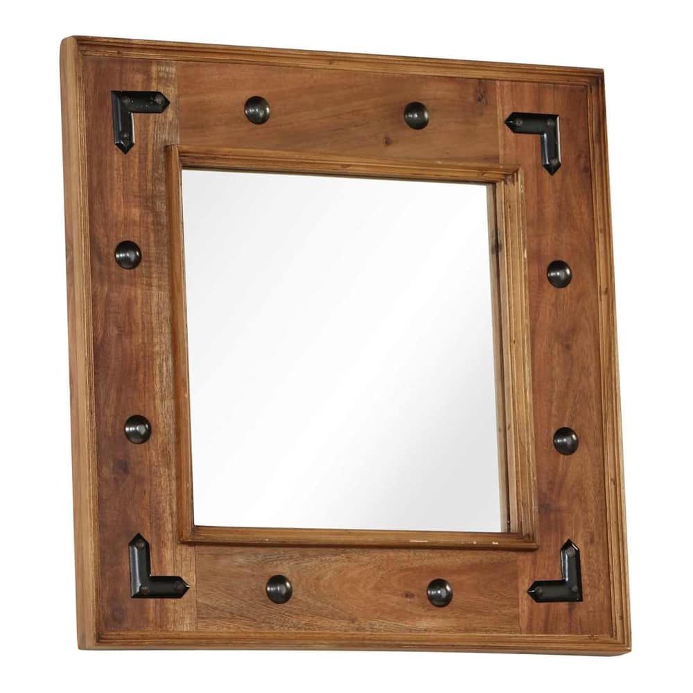 Square wooden framed mirror with decorative metal corner caps