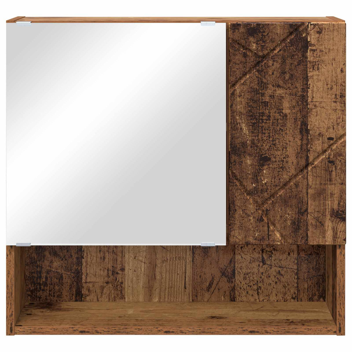 The mirrored cabinet with a shelf below and textured wood effect doors