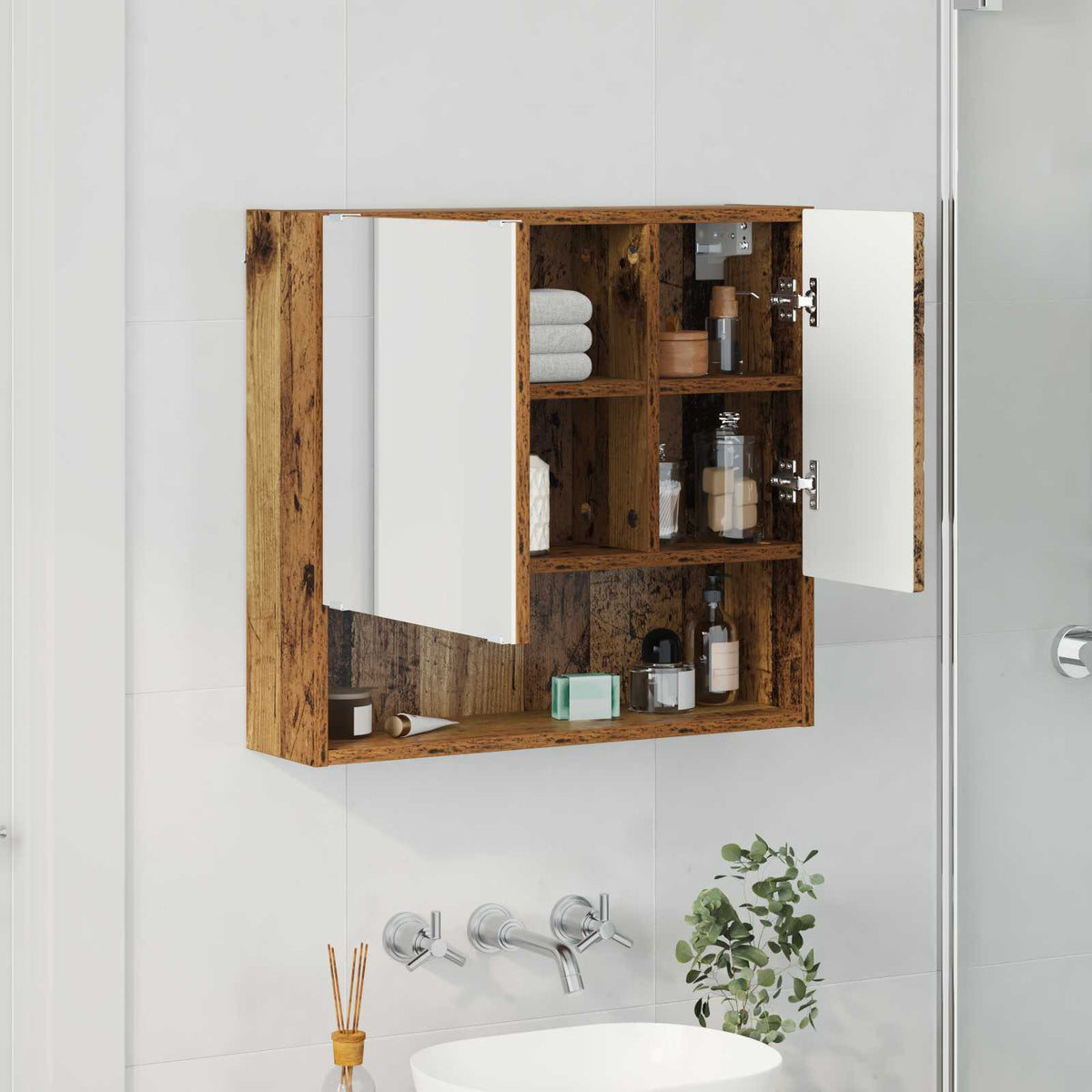 Mirror Cabinet Old Wood Engineered Wood, the open bathroom vanity unit showing internal shelves and mirrored door