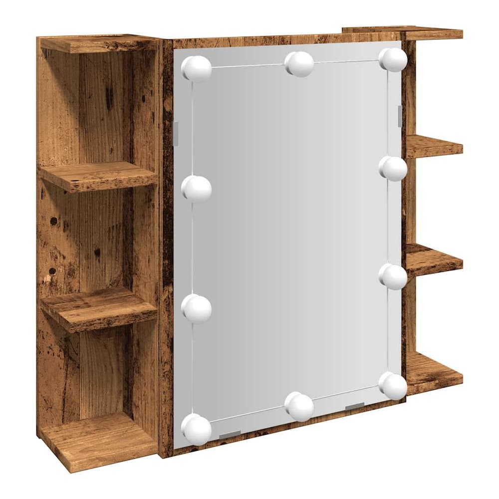 The bathroom vanity unit with side shelving and integrated lights around the mirror