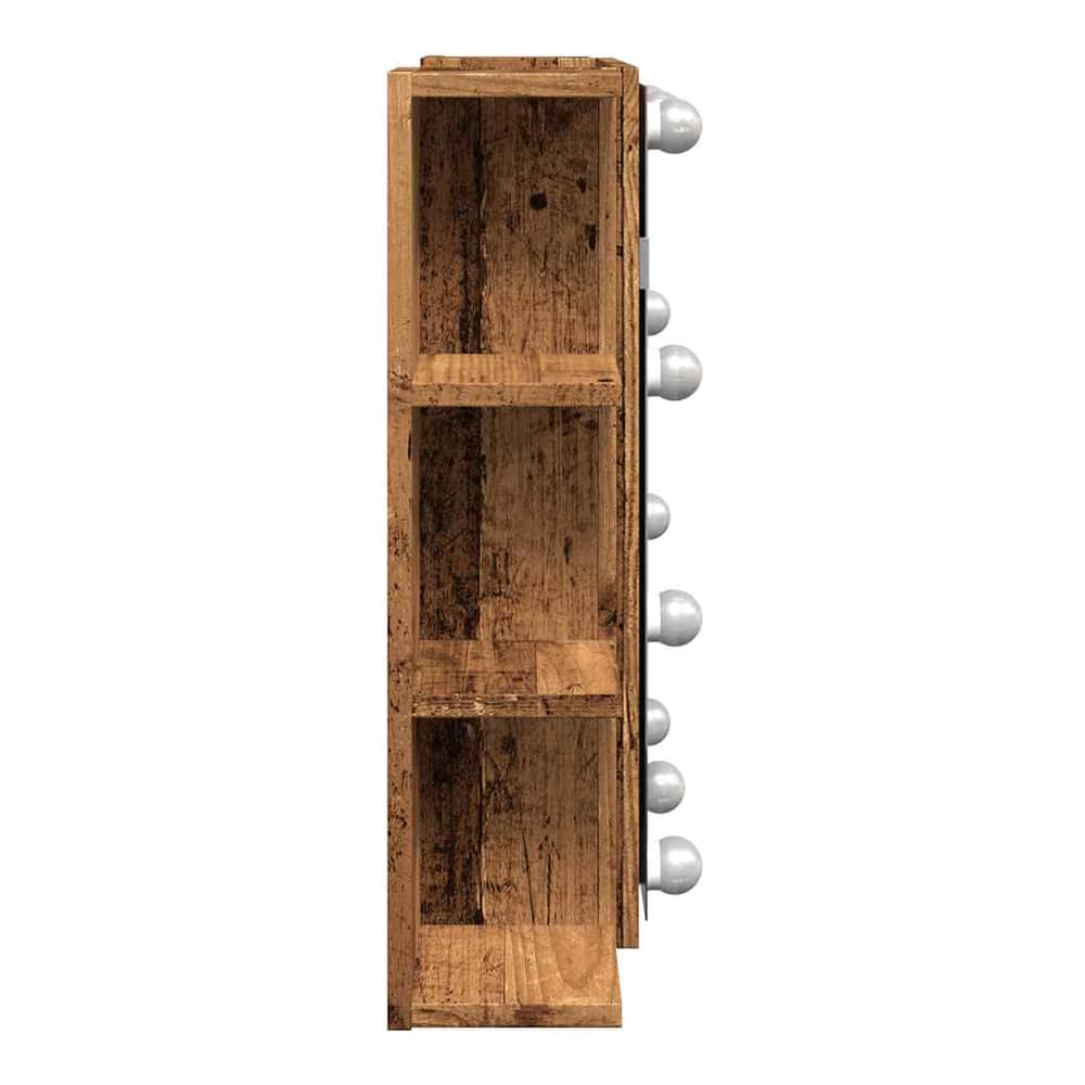 The wooden mirror cabinet showing its side profile with shelves and light bulbs