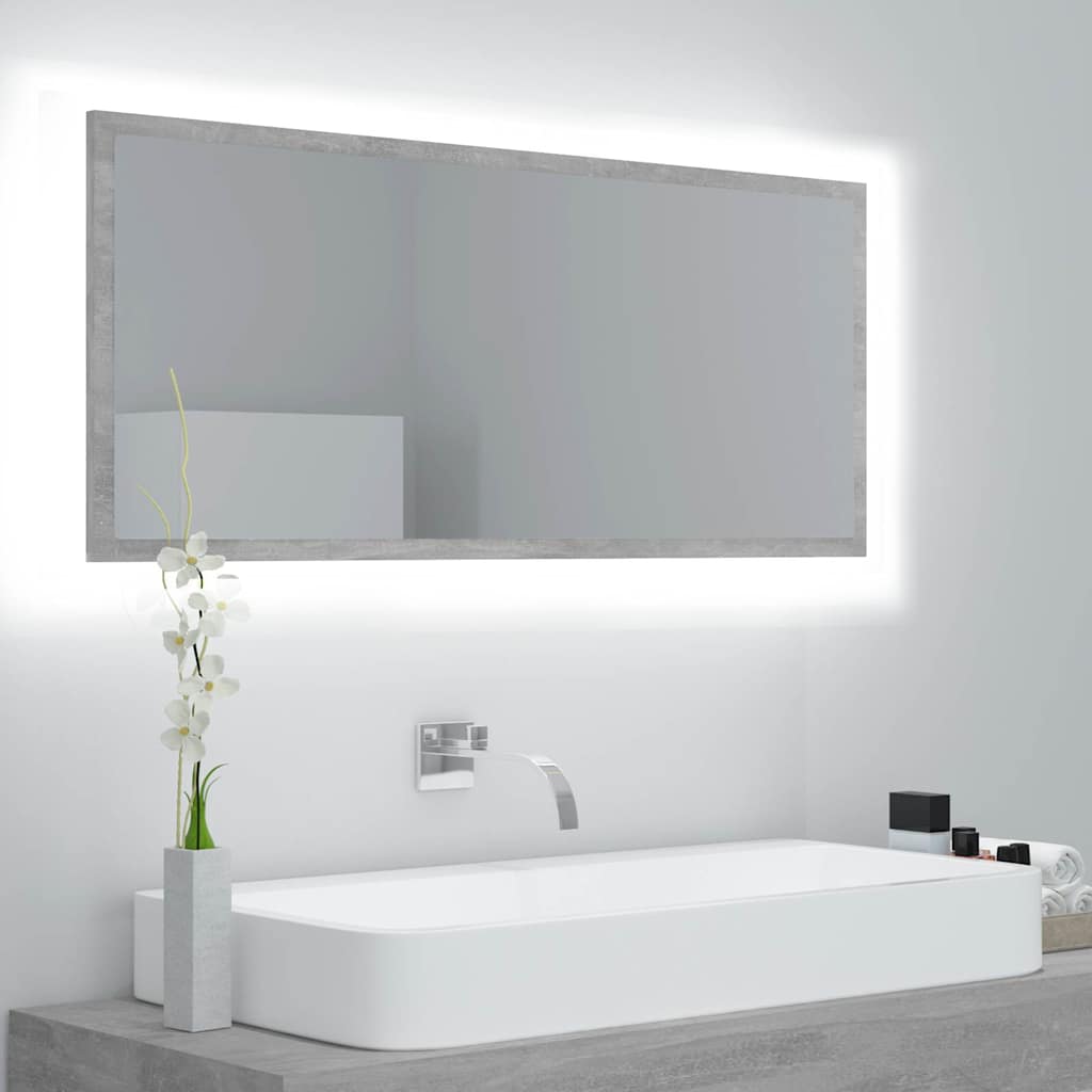 LED Bathroom Mirror Concrete Grey mounted above a modern washbasin with white light glowing behind