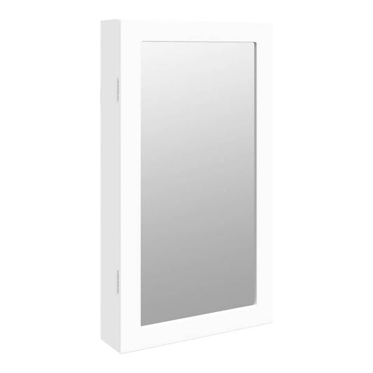This wall mounted mirror jewellery cabinet is white with a full length mirrored door