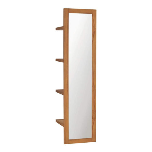Wall Mirror with Shelves Solid Teak Wood, a tall rectangular mirror with four shelves on the left side