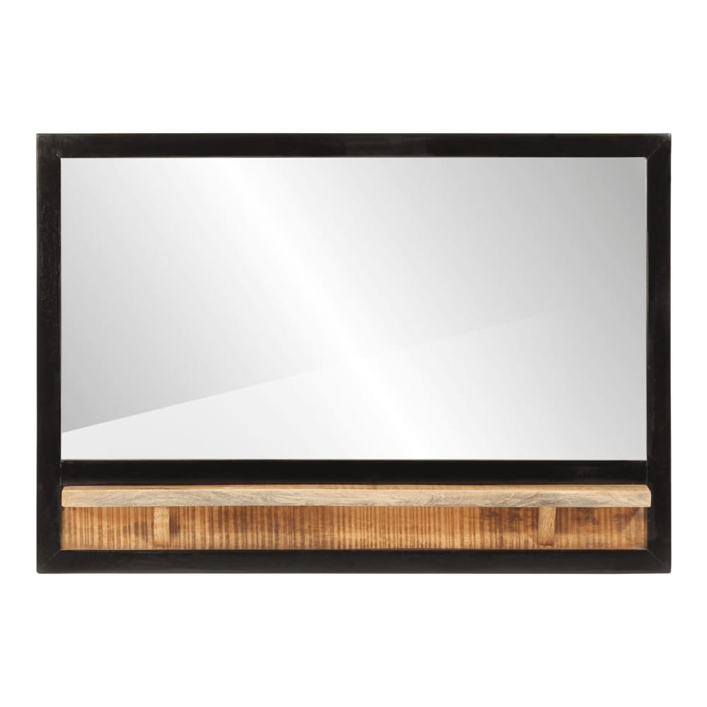 Rectangular mirror with a wooden shelf attached to the bottom edge of the frame