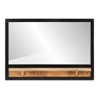 Rectangular mirror with a wooden shelf attached to the bottom edge of the frame