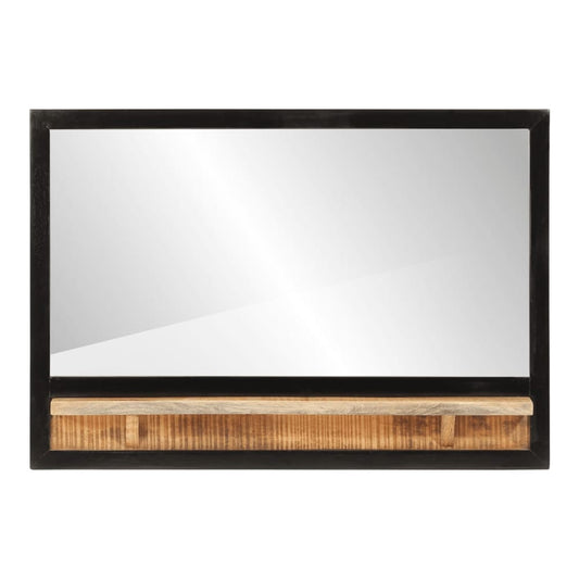 Rectangular mirror with a wooden shelf attached to the bottom edge of the frame