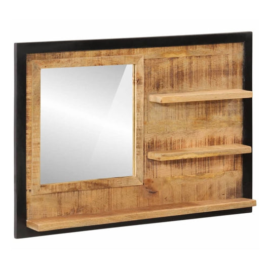 vidaXL Mirror with Shelves Glass and Solid Wood Mango, a rectangular mirror with three wooden shelves on the right side