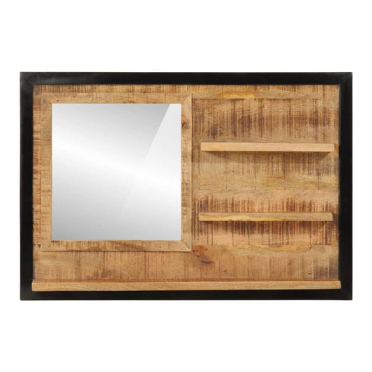 Rectangular mirror with three wooden shelves, showing the wood grain and black frame