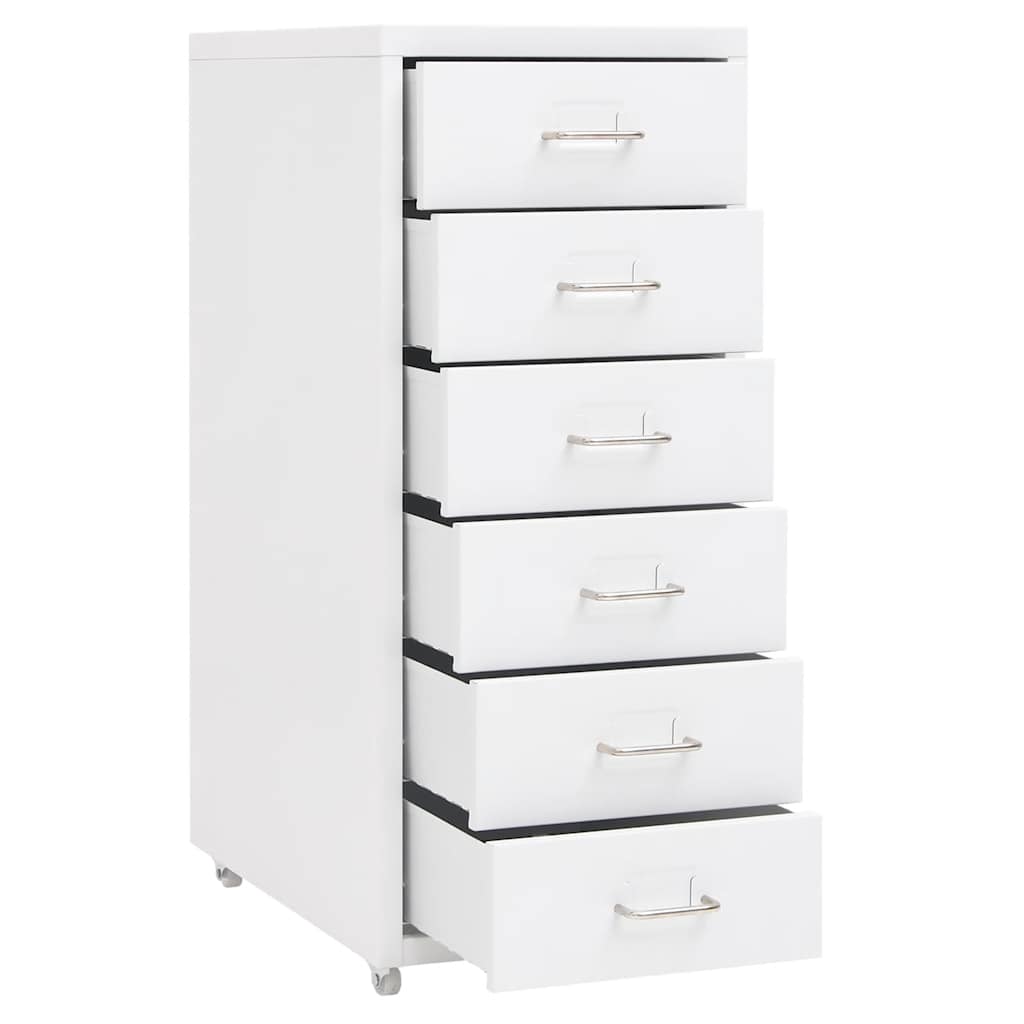 White filing cabinet with the bottom two drawers pulled out