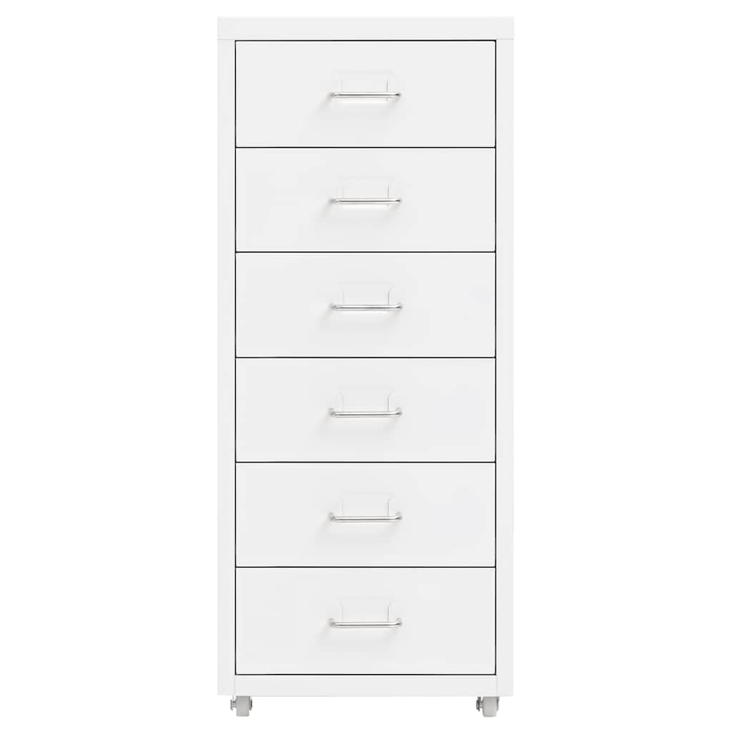 White metal filing cabinet with six drawers and silver handles