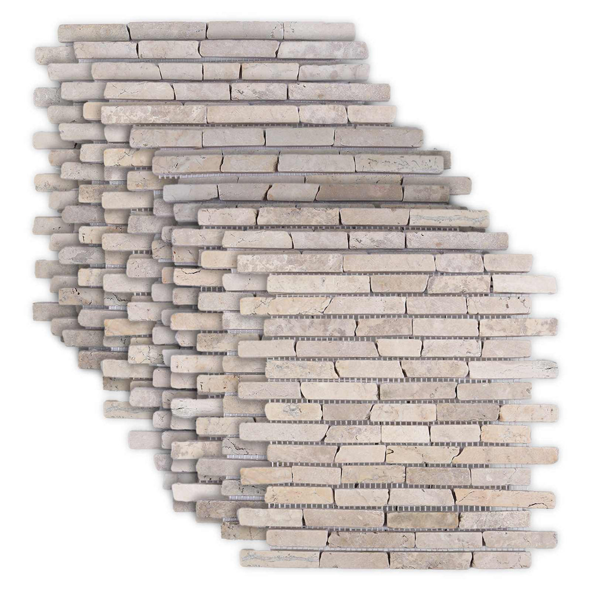 Stack of cream mosaic tiles with visible mesh backing