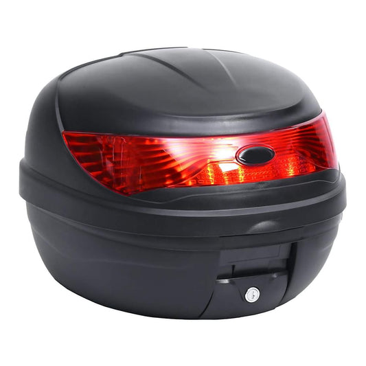 Motorbike Top Case 35 L for Single Helmet, a black motorcycle bag with a red reflector and a lock