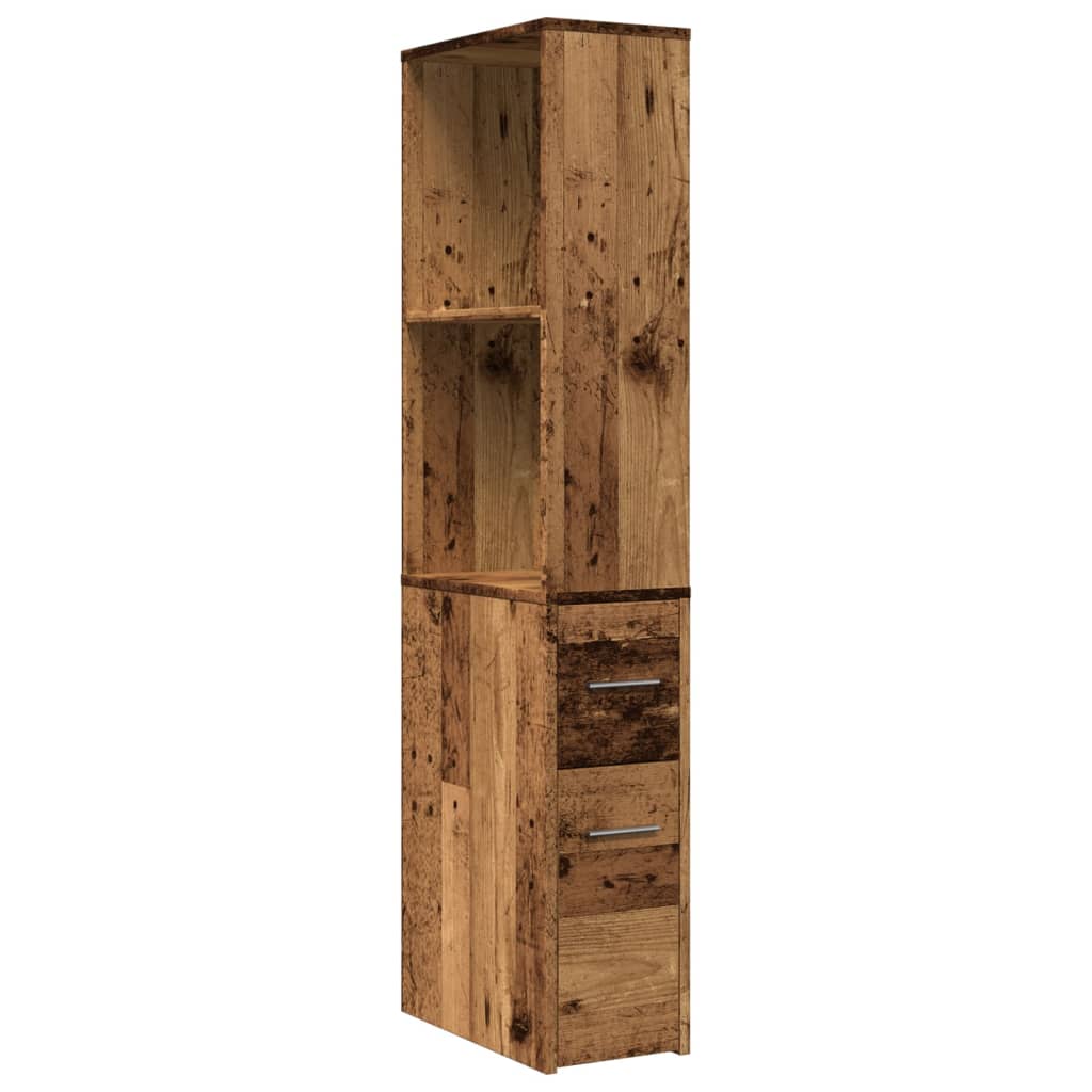 The tall bathroom storage unit with open shelves and drawers viewed from a high angle