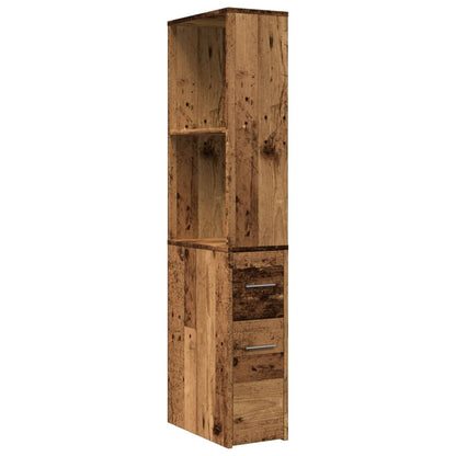 The tall bathroom storage unit with open shelves and drawers viewed from a high angle
