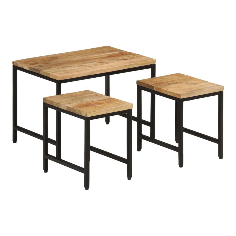 vidaXL Nesting Coffee Tables 3 pcs Solid Rough Mango Wood and Iron, showing the three tables stacked and separate
