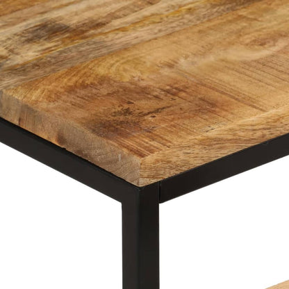 Close up of the rough mango wood tabletop and black metal frame