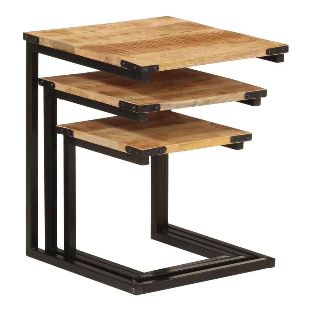 three wooden tables with black metal frames, one table tucked under another