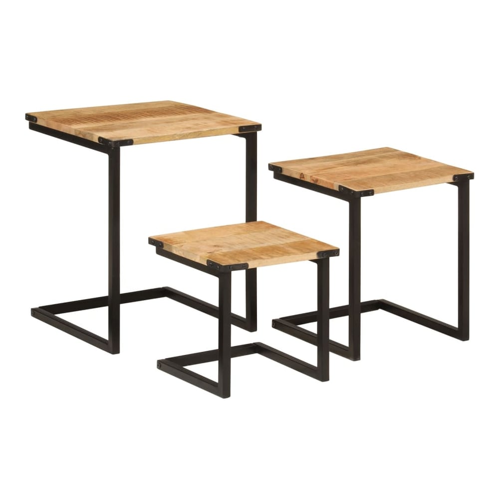 three wooden tables with black metal frames, one smaller table tucked under a larger one