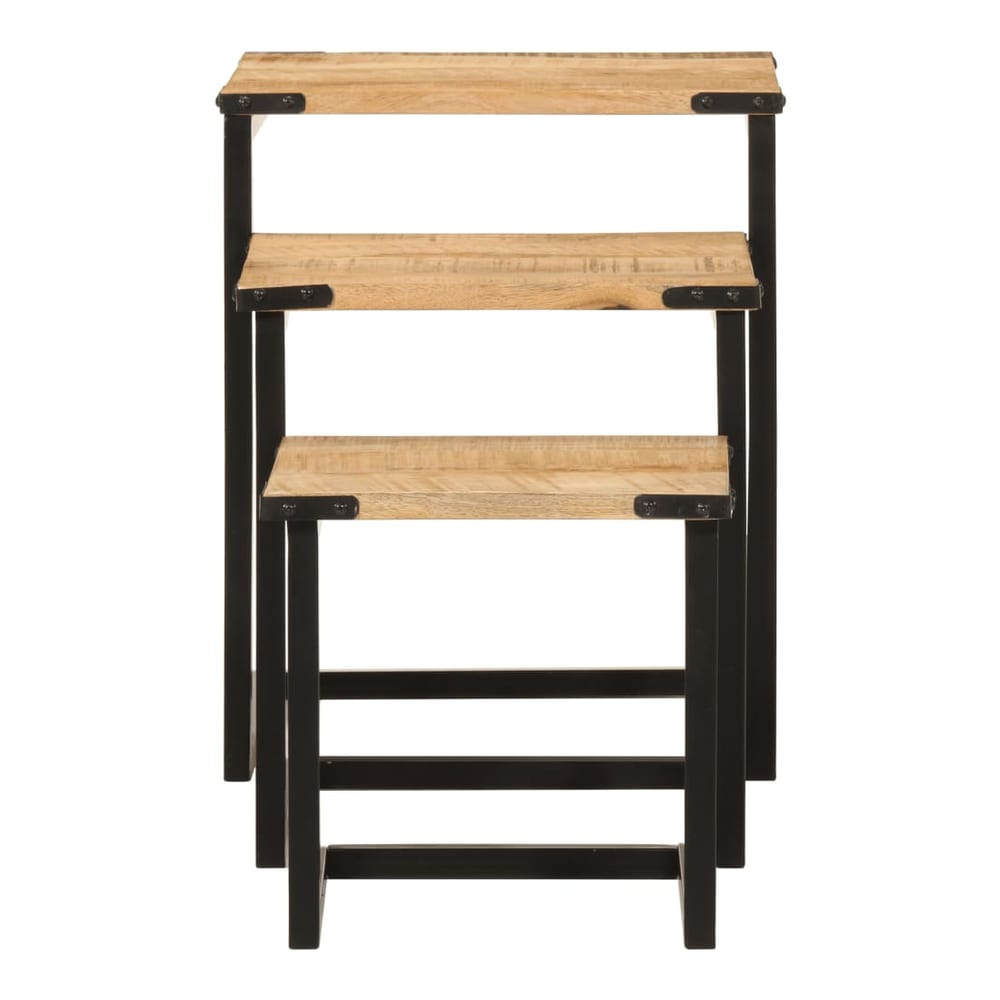 three wooden tables with black metal frames, stacked vertically