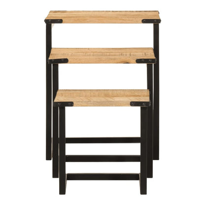 three wooden tables with black metal frames, stacked vertically
