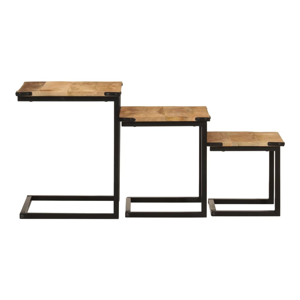three wooden tables with black metal frames, arranged in a stepped formation