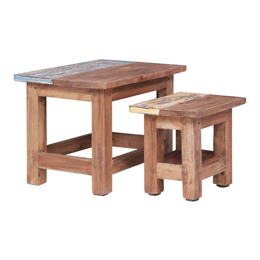 Nesting Tables 2 pcs Solid Mahogany Wood with a rustic finish and blue and yellow accents