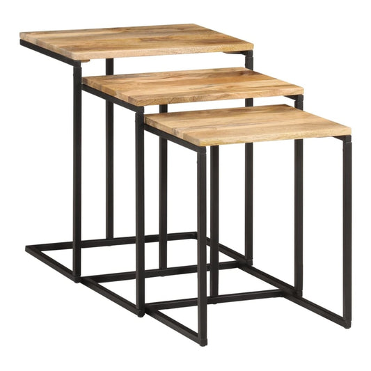 vidaXL Nesting Tables 3 pcs Solid Wood Acacia, three wooden tables with black metal frames, arranged at different heights