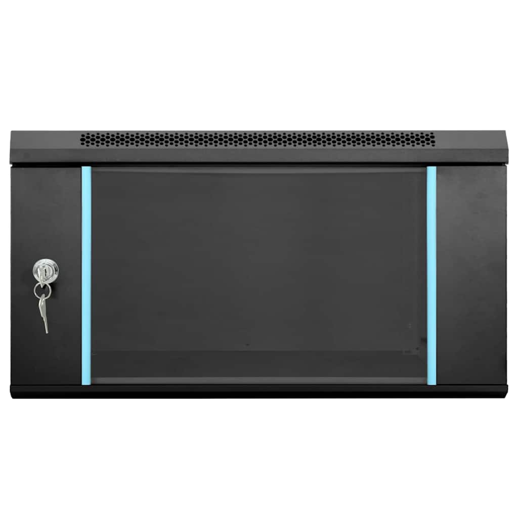 The black steel network cabinet with a locked glass door and blue accent lighting