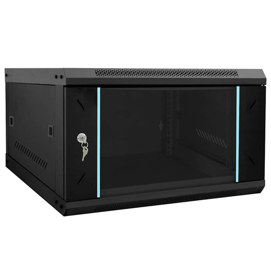 vidaXL Network Cabinet with Storage Black Steel, a wall-mounted rack with a glass door and ventilation slots