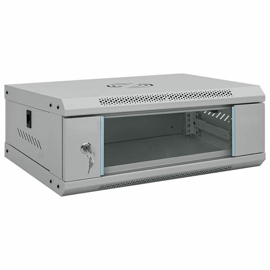 vidaXL Network Cabinet with Storage Grey Steel, a grey steel network storage system with a glass door and a lock