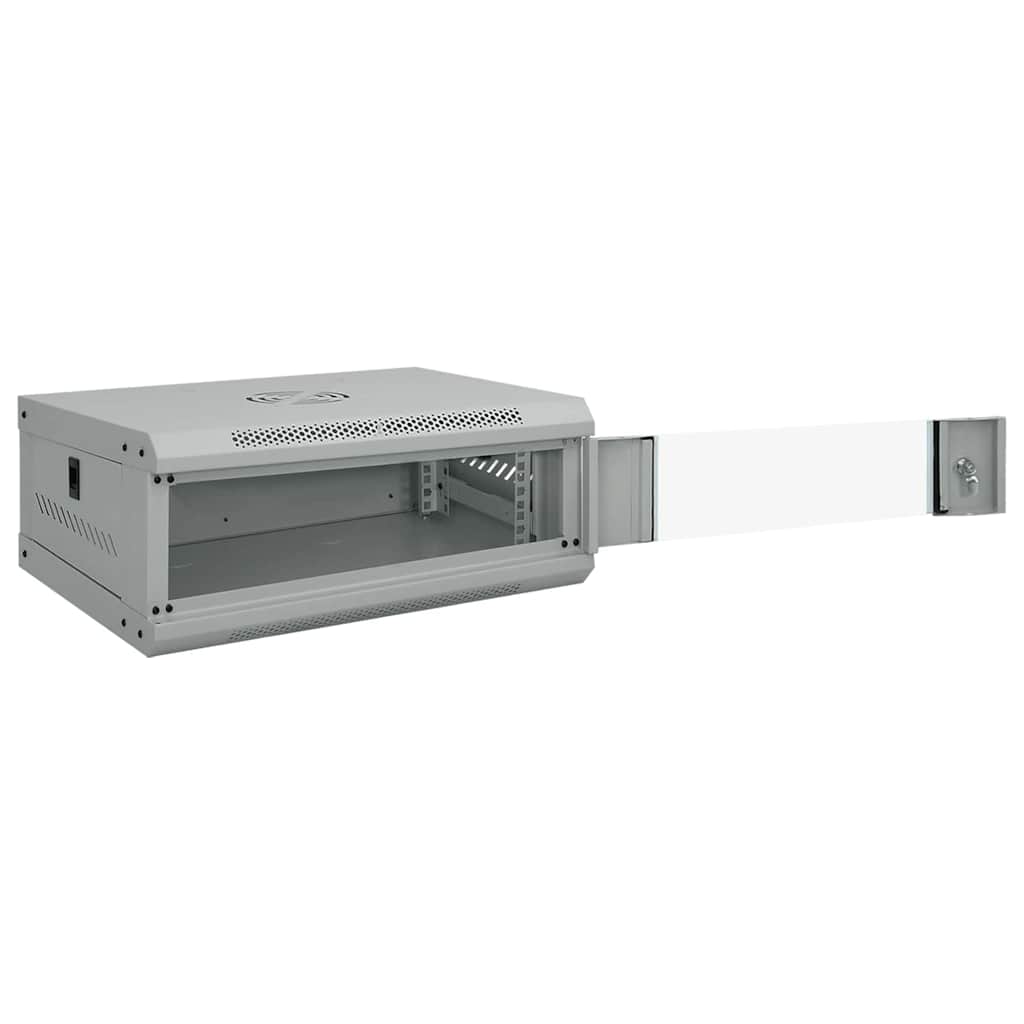 the network cabinet with its glass front door swung open to the right side