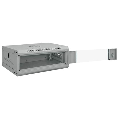 the network cabinet with its glass front door swung open to the right side
