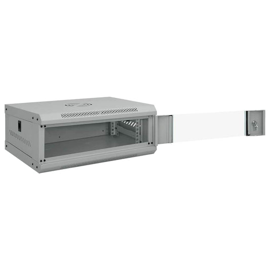 the network cabinet with its glass front door swung open to the right side