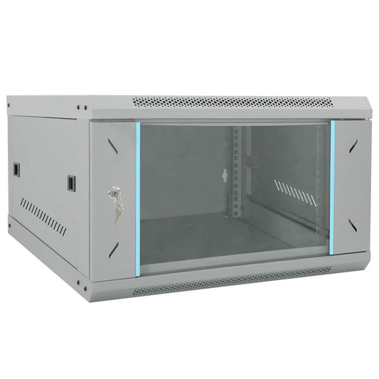 vidaXL Network Cabinet with Storage Grey Steel, a wall-mounted rack with a glass door and a lock