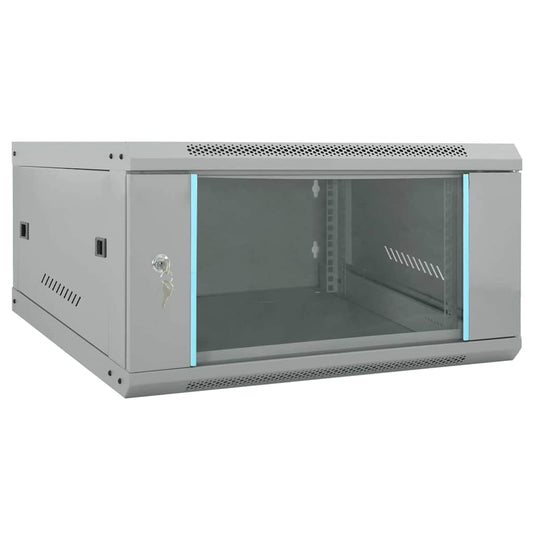 vidaXL Network Cabinet with Storage Grey Steel showing the front glass door and side ventilation