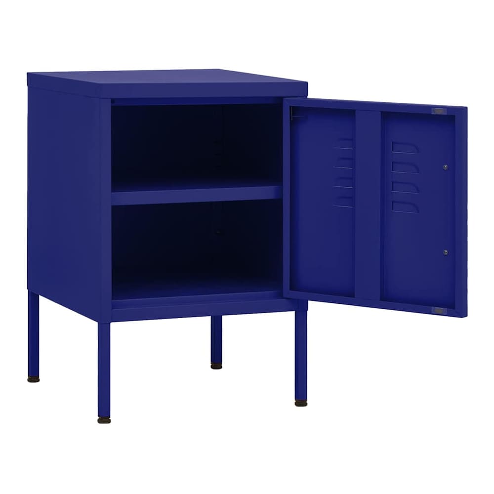 open navy blue steel bedside table showing two shelves