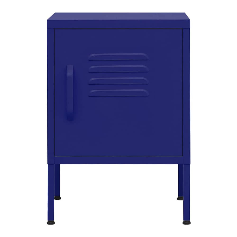 The navy blue bedside table has a ribbed door and a handle on the left side