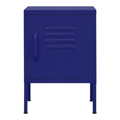 The navy blue bedside table has a ribbed door and a handle on the left side
