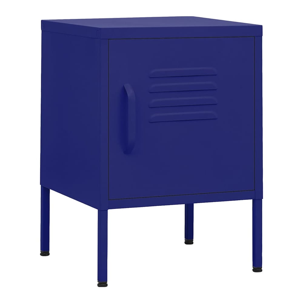 navy blue steel bedside table with a ribbed door and handle